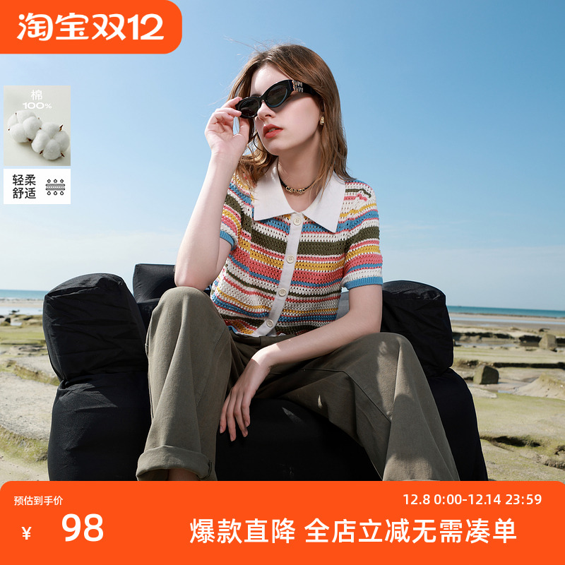 ibudu2025春季新款彩虹条纹镂空针织衫翻领短款开衫女