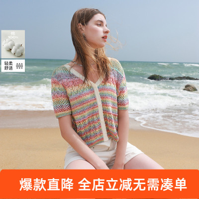ibudu2025夏季新款镂空钩花短袖针织衫彩虹条纹V领短款女