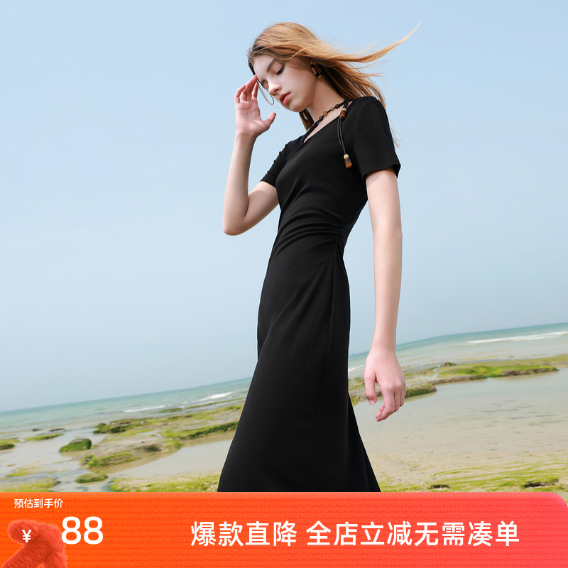 ibudu2025夏季新款盘带串珠连衣裙休闲T恤裙长裙小黑裙女