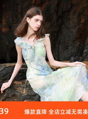 ibudu2025夏季新款系带V领荷叶边晕染印花雪纺连衣裙长裙