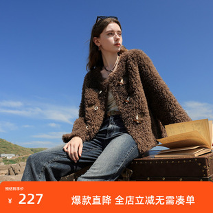 三彩2024冬季新款环保皮草仿泰迪毛外套圆领牛角扣毛绒上衣女M