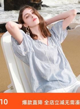 ibudu2025夏季新款条纹绣花衬衣宽松流苏系带V领套头衫女