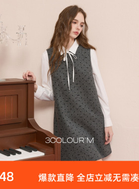 三彩2025冬季新款波点植绒连衣裙无袖背心裙叠穿短裙M