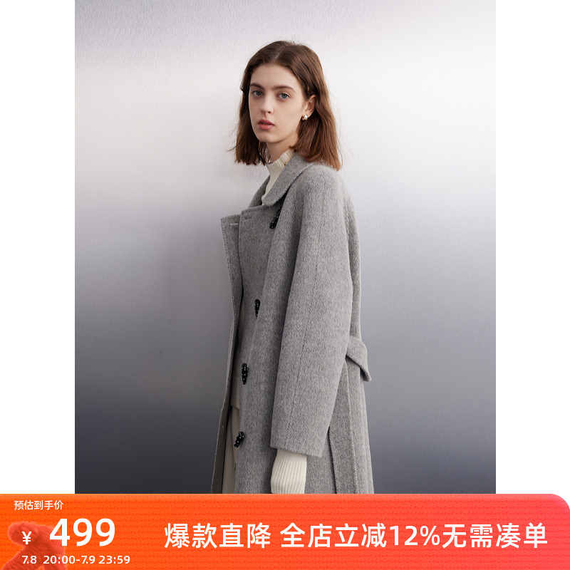 ibudu2024冬季新款格雷系绵羊毛大衣翻领毛呢外套长款女
