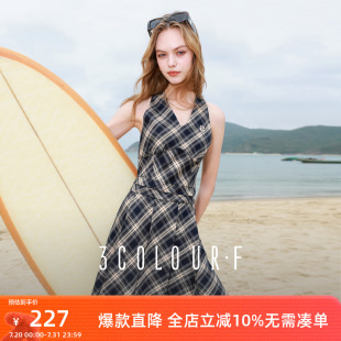 三彩独醒2025夏季 飘带短裙F 新款 格纹连衣裙甜酷百褶裙无袖