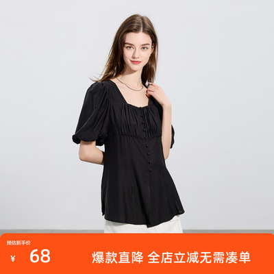 ibudu2025夏季新款复古方领灯笼袖衬衫纯色衬衣小衫上衣女