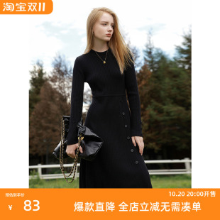 圆领叠穿内搭女 中长针织连衣裙A字收腰长袖 三彩2024春季 新款