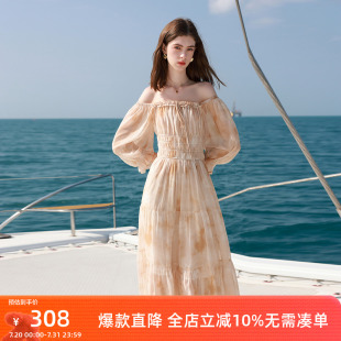 新款 ibudu2025夏季 度假风两穿方领连衣裙印花雪纺大摆裙女