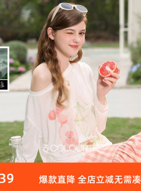 【莱赛尔】三彩独醒2026春季新款印花T恤一字领长袖罩衫宽松F