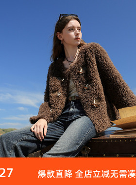 三彩2024冬季新款环保皮草仿泰迪毛外套圆领牛角扣毛绒上衣女M