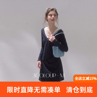 三彩2026秋季新款蕾丝拼接连衣裙绑带长袖A字裙短裙M