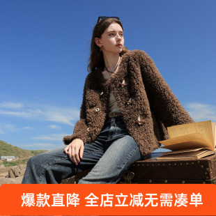 三彩2024冬季新款环保皮草仿泰迪毛外套圆领牛角扣毛绒上衣女M