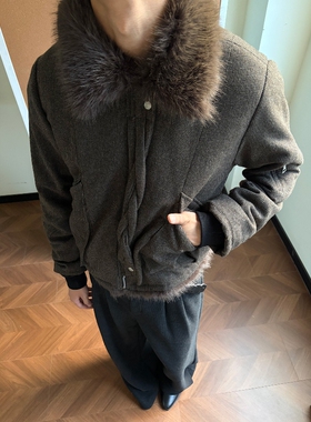 绞花毛领重磅翻领千鸟格棉衣男女秋冬设计感休闲加厚保暖夹克外套