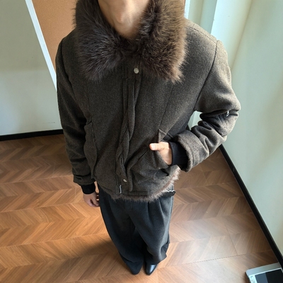 绞花毛领重磅翻领千鸟格棉衣男女