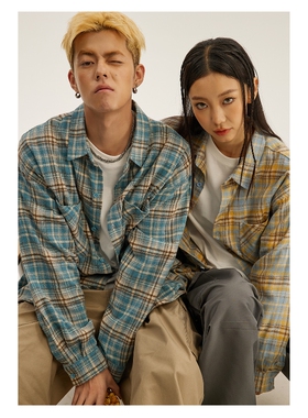 复古撞色格纹长袖衬衫男女早秋新款潮牌宽松休闲情侣工装衬衣外套