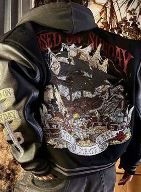 关闭周日700g重磅刺绣加厚棒球服男美式黑珍珠夹棉保暖夹克外套冬