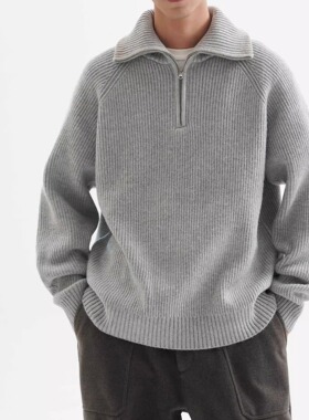 日系复古高领半拉链毛衣男宽松休闲polo领套头卫衣针织衫上衣外套