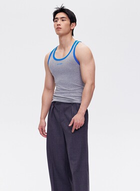 美式街头高弹力蓝灰撞色工字背心男休闲健身运动训练低领无袖坎肩