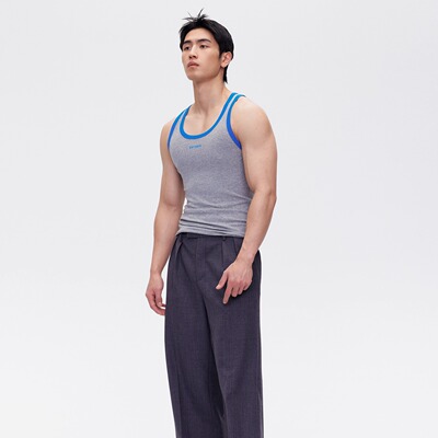 美式街头高弹力蓝灰撞色工字背心