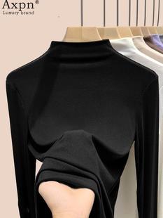 休闲长袖 2025秋冬女式 配时尚 新款 t恤早秋上衣 半高领黑底衬衫