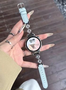 适用华为gt6表带高颜值镶钻金属四叶草拼皮gt5荔枝纹watch4表带