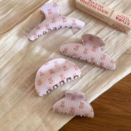韩系氛围感条纹粉色小熊抓夹女高级感甜美半扎发鲨鱼夹发卡发饰