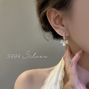 999纯银耳针猫眼石三叶草珍珠耳钉女轻奢高级感耳环温柔气质耳饰