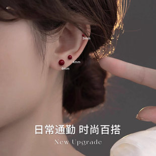 s999纯银珍珠耳钉女迷你安可拉红色睡觉不用摘轻奢气质养耳洞小