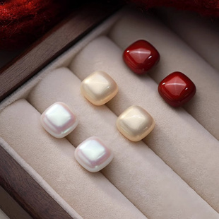 999纯银小方糖珍珠耳钉安可拉红耳环轻奢高级感气质方形红色耳饰