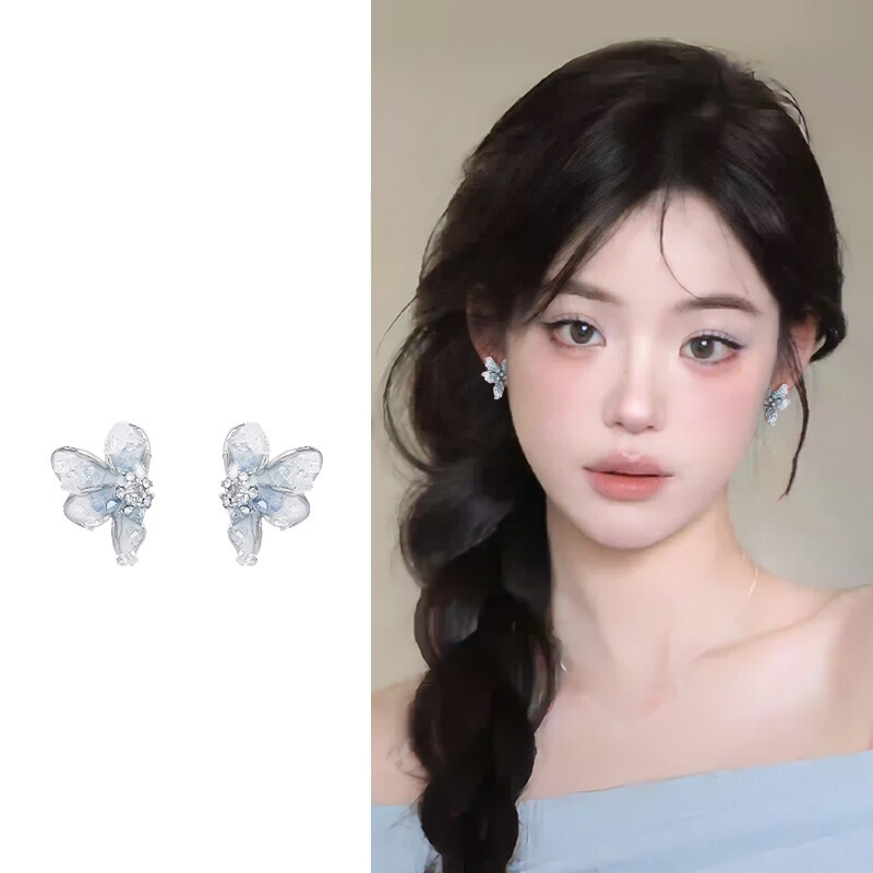 S925银针蓝色渐变花朵耳环