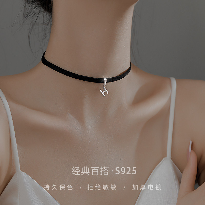 925纯银chocker锁骨链字母吊坠