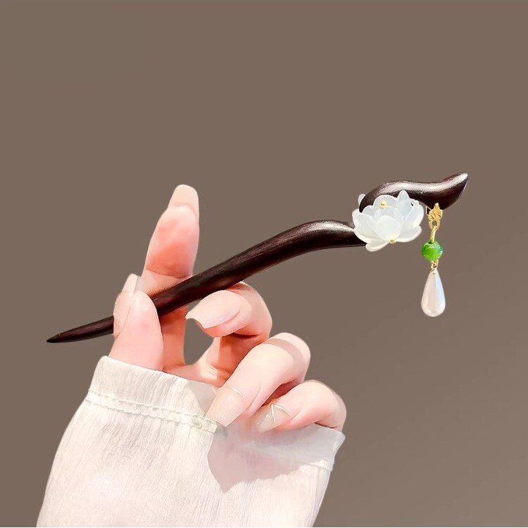 古风双面莲花流苏檀木发簪女简约国风日常步摇发钗高级感盘发簪子