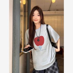 上衣 韩系灰色纯棉短袖 t恤女夏季 2025新款 设计感慵懒宽松显瘦半袖