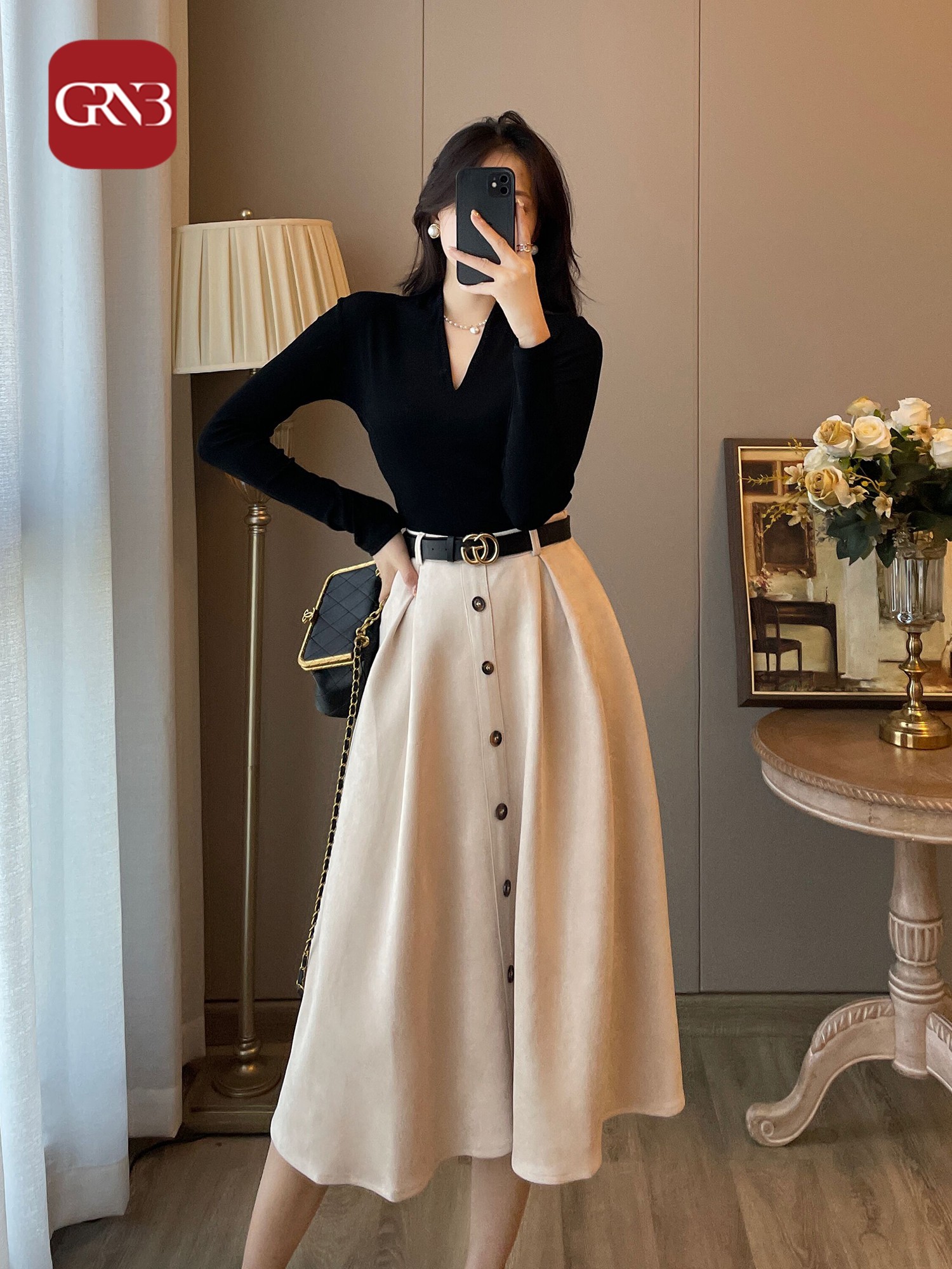 GRNB套装女秋装新款洋气时髦法式覆古打底丝绒连衣裙气质显瘦长裙