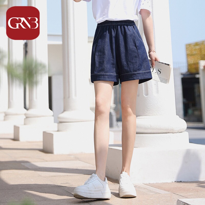 GRNB薄款天丝牛仔短裤女2026新款夏季高腰深蓝色松紧腰冰丝夏季