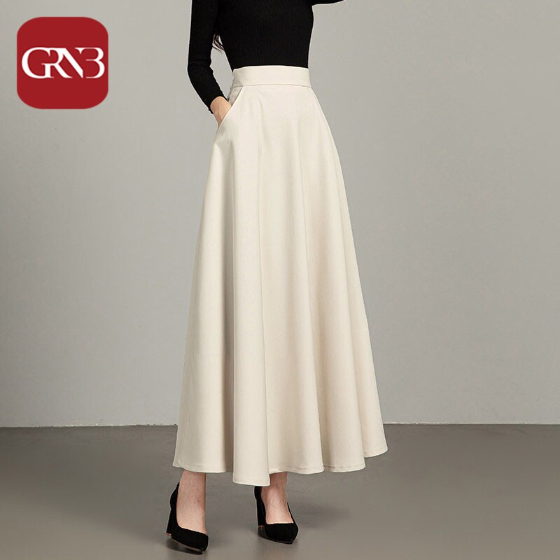 GRNB2026春夏百搭纯色半身裙女气质高腰a字大摆裙大码百褶长裙子