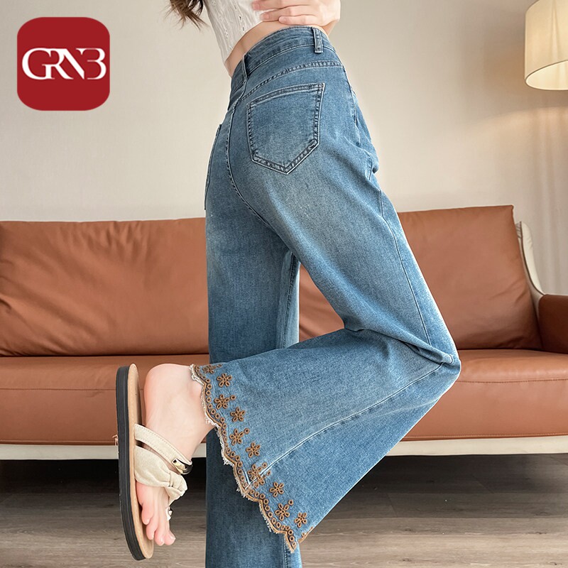 GRNB立体刺绣牛仔裤女2026春夏小个子九分绣花阔腿花边喇叭裤子女