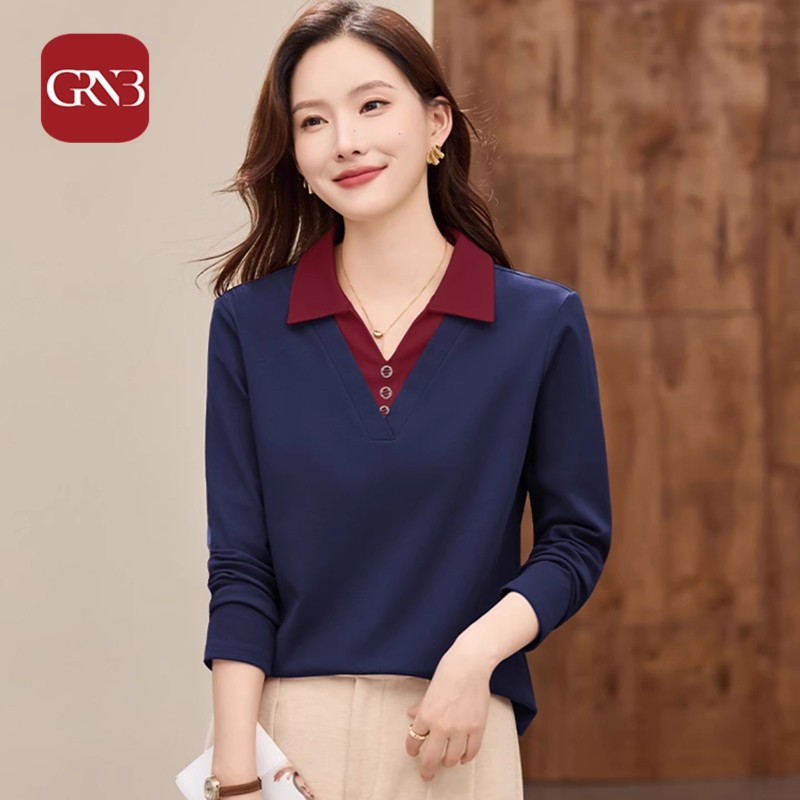 GRNB翻领长袖t恤女士打底衫2025新款秋季女装高端内搭上衣polo衫