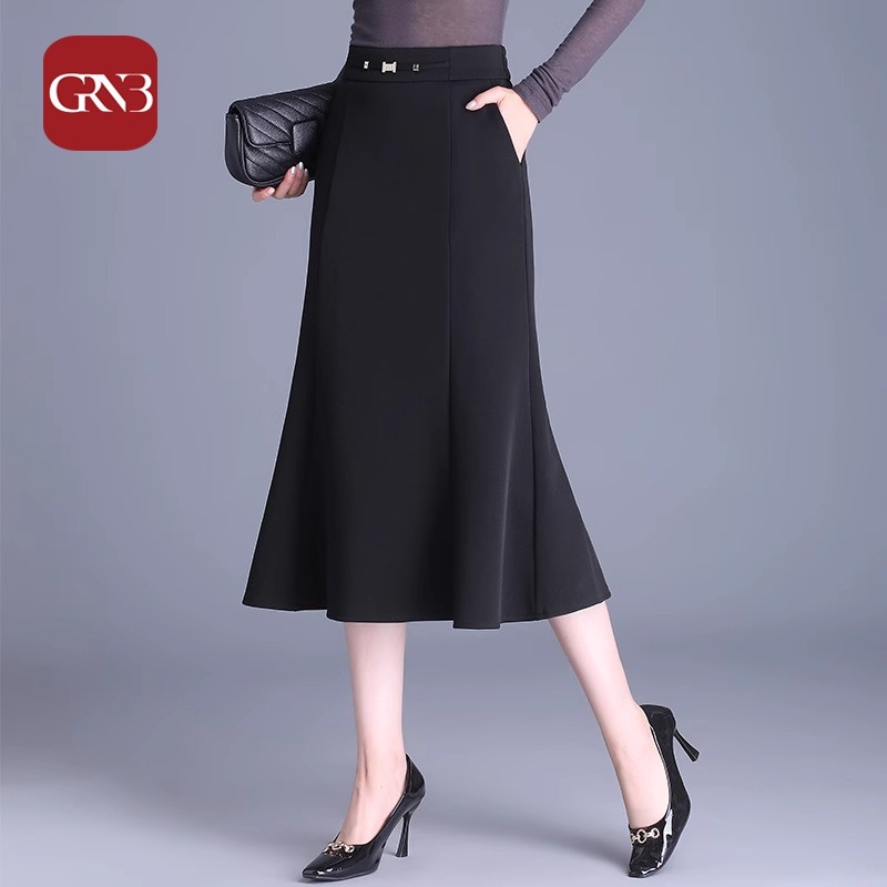 GRNB春秋气质鱼尾裙女新款黑色显瘦半身裙中年妈妈包臀裙一步裙
