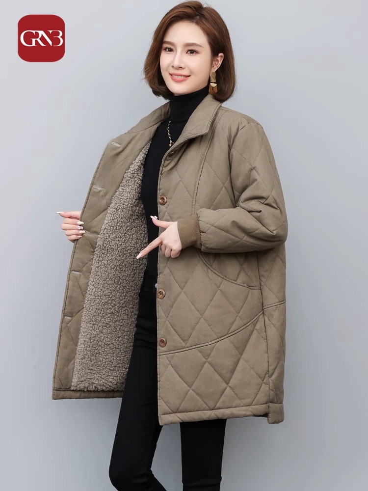 GRNB冬季加绒加厚派克服女中长款妈妈棉服新款休闲减龄棉袄厚外套