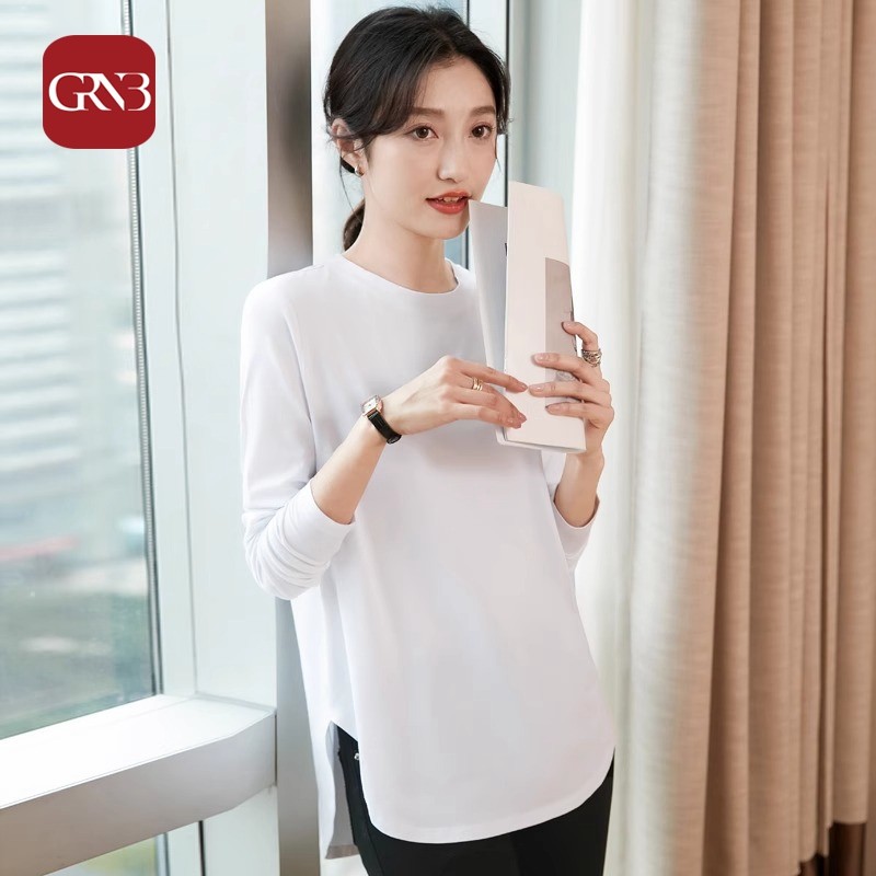 GRNB纯棉素面圆领长袖打底衫女春秋季新款弧形下摆中长款早春上衣