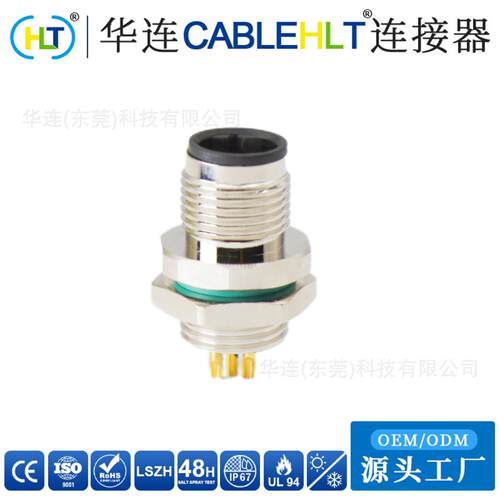 M12后锁面板式B/C/D/K/L-Code4/5P公座PCB焊接带线防水传感连接器