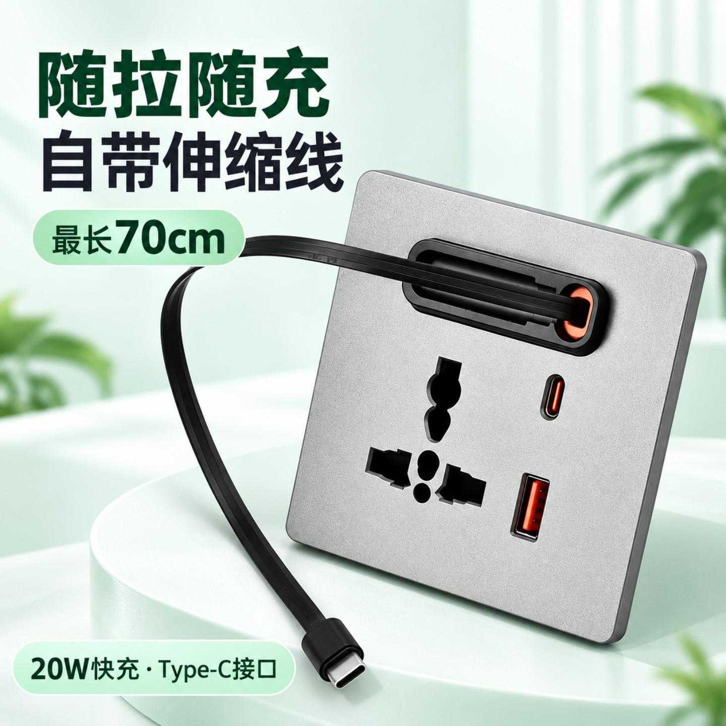 86三孔快充多功能伸缩面板USBType-C手机国际充电插座20w伸缩线