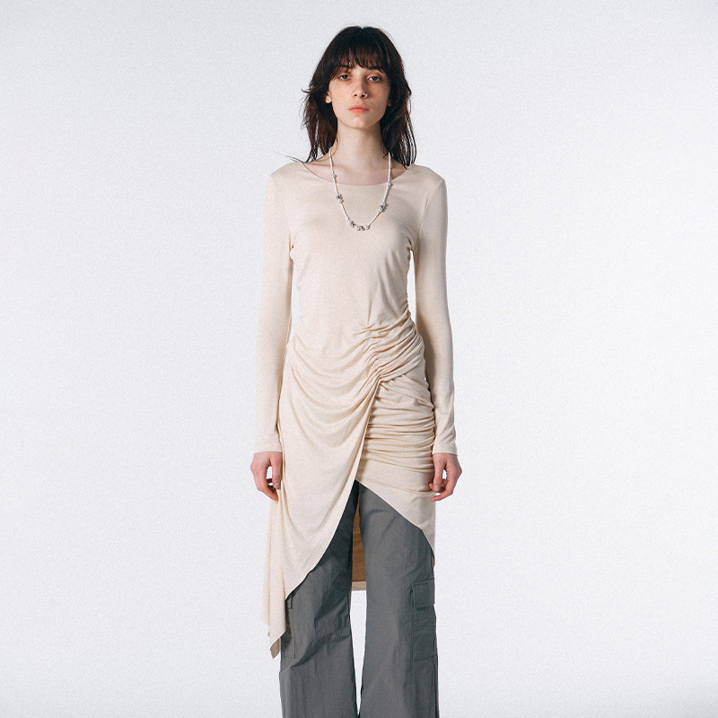 SCULPTOR不对称褶皱纯色性感露背连衣裙长袖女长裙