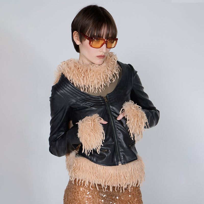 SCULPTOR大领扣仿皮夹克女秋冬短外套