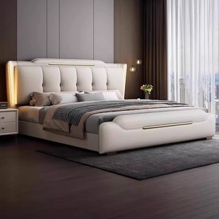 意式轻奢真皮床1.8米双人床现代简约主卧室高端大气软包储物婚床
