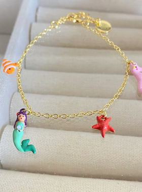 法国N2珐琅美人鱼系列 黄色蓝色小鱼海星 吊坠项链