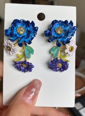 法国珐琅ln甜美繁花蓝色矢车菊琉璃苣雏菊耳钉