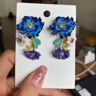 法国珐琅ln甜美繁花蓝色矢车菊琉璃苣雏菊耳钉