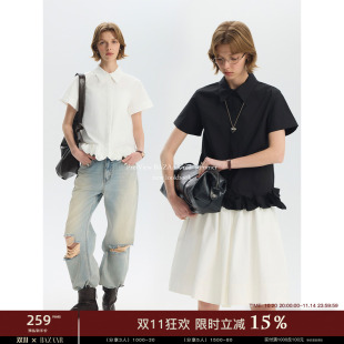 短袖 老钱风纯色宽松翻领荷叶花边下摆衬衫 女 RED简约时尚 BAZAAR